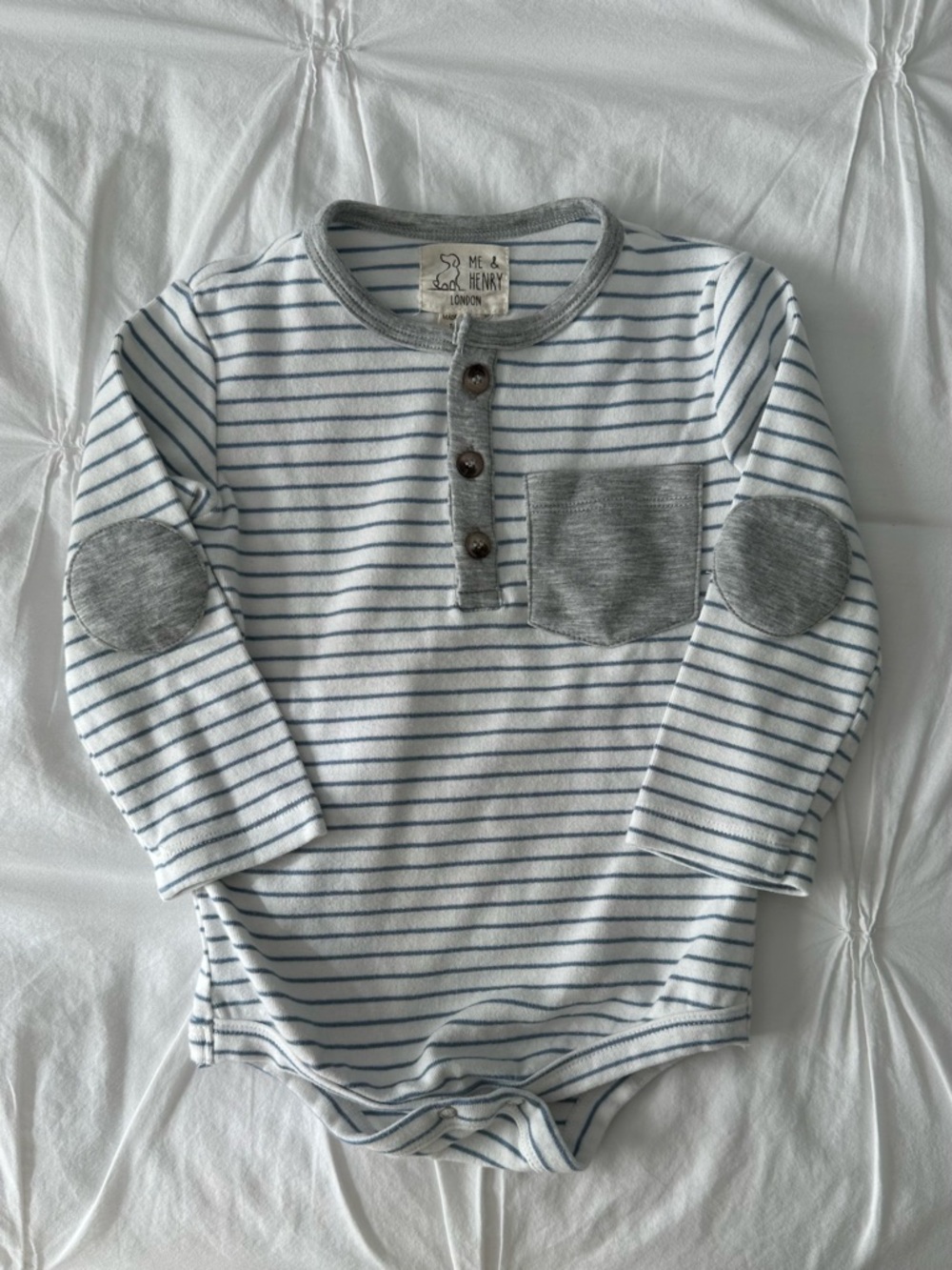 Me & Henry Baby Blue Striped Long-Sleeve Bodysuit with Gray Pocket - 18-24M